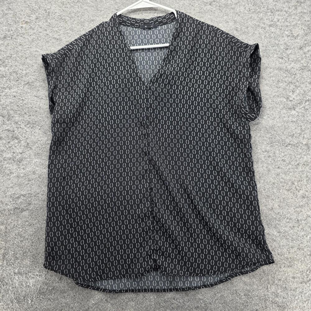 Pleione Blouse Womens Large Black White Surplice V-Neck Short Sleeve High-Low